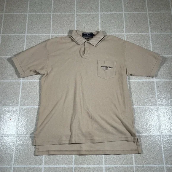Vintage Polo Sport Ralph Lauren Shirt Sz M Tan Textured Pique Flag 90s