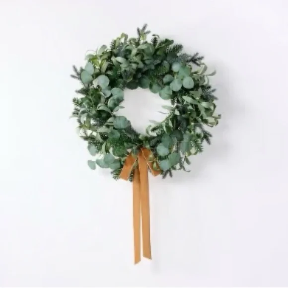 STUDIO MCGEE NWT faux olive, eucalyptus, pine wreath w/ velvet bow -26”
