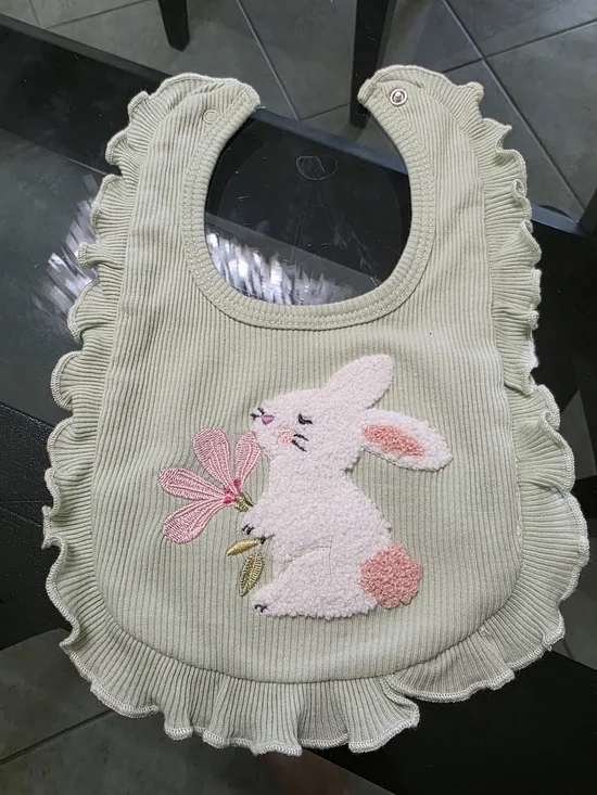 Source Unknown Sage Green Baby Bib with Bunny and Pink Flower