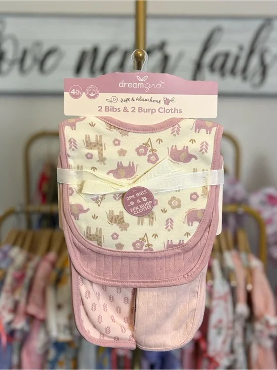 Pink Baby Bibs & Burp Cloths Set - 2 Bibs & 2 Burp Cloths