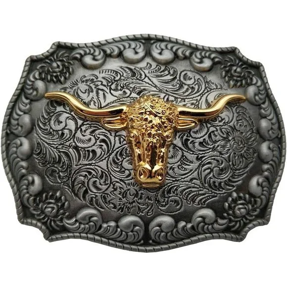 4x3 inch Mens Metal Long Horns Black Golden Texas Belt Buckles