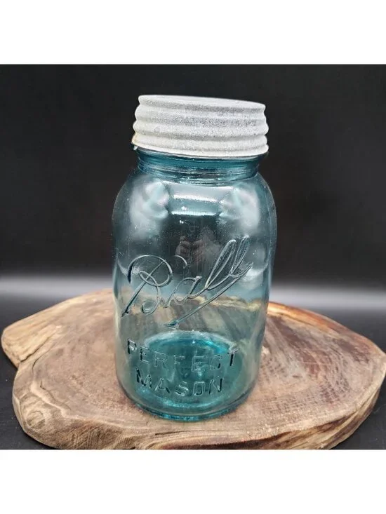 Vintage Ball Perfect Mason Jar Aqua Blue Glass Zinc Lid Quart