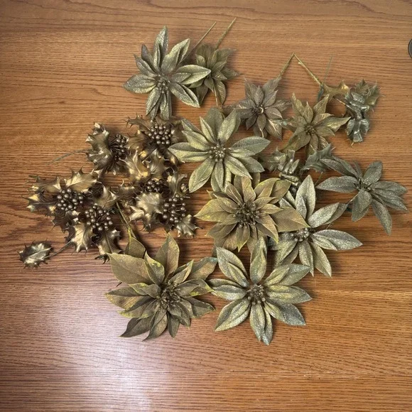 Vintage Metallic Gold‎ Artificial Poinsettia Holly Berry Picks Christmas Decor