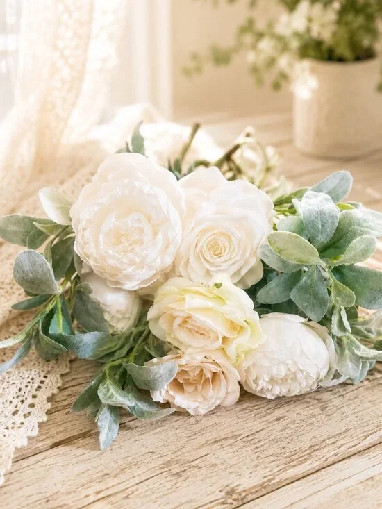 11 Life Like Champagne Cream  White Peonies, Roses and Eucalyptus Bouquet