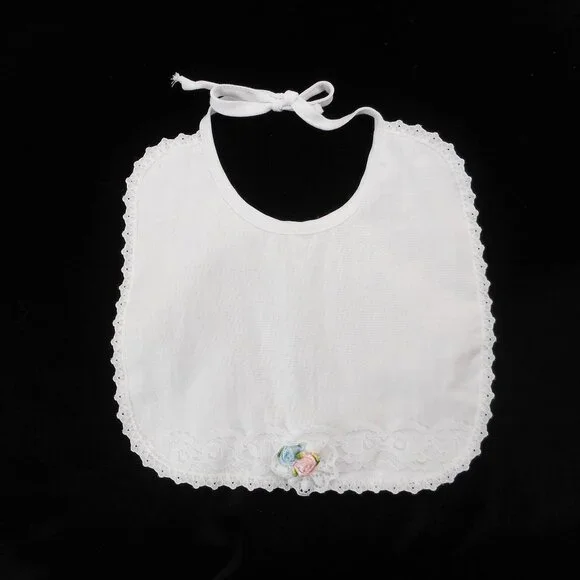 Vintage White Baby Bib Lace Trim Tie-back Rosette Flowers