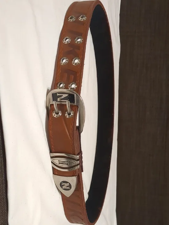 Vintage Mens Brown Leather- Metal Buckle Belt 36-42 Engraved 90s Country Western