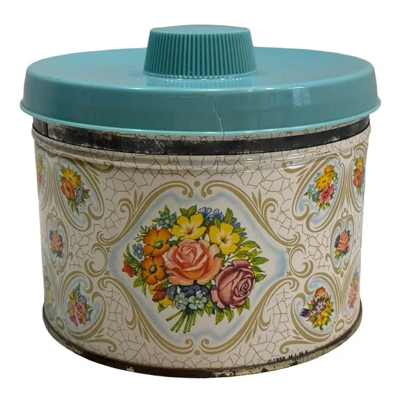 Vintage Floral Flower Tin Container with‎ Blue Lid