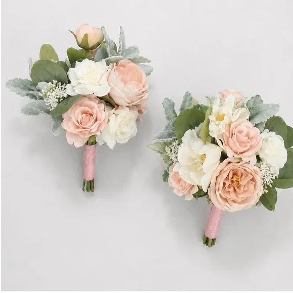 Rinlong 2 Pcs Wedding Bouquets for Bridesmaids Bride Pink Green Artificial