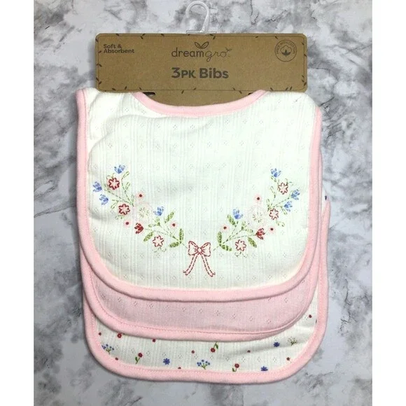Dream Gro 3 Piece Textured  Baby Bib Set - Floral And Pink Bow