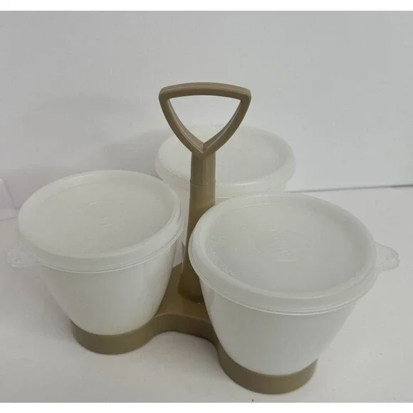 Vintage TUPPERWARE Triple Condiment Serving Caddy Handle Removable Bowls & Lids