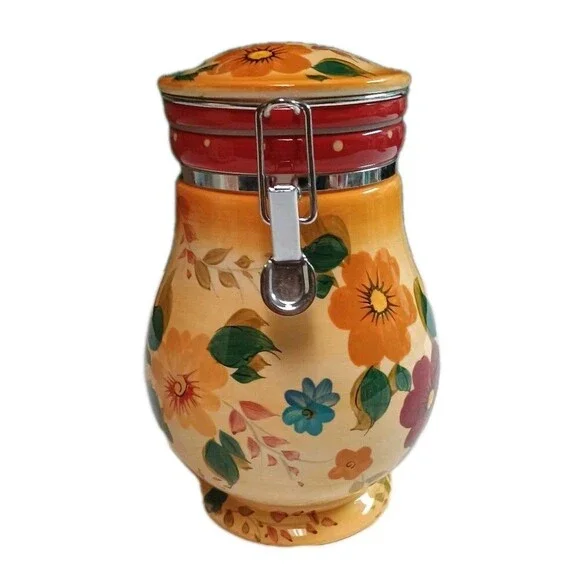 VTG Oneida Sunset Bouquet Hand Painted Ceramic Canister Airtight Hinged Lid 8