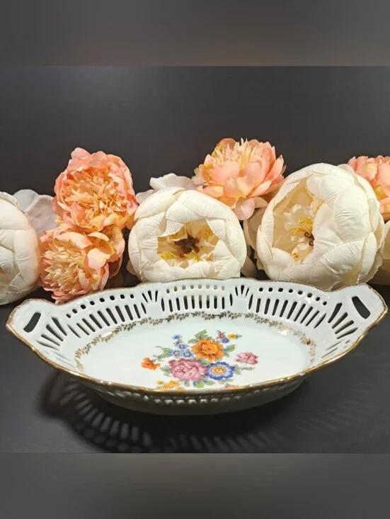 Vintage Floral Reticulated Oval Bowl Gold Trim, Pink Flowers, Made in Germany