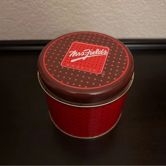 Rare Vintage Mrs Fields cookies tin with polka dot design 4” diameter 4” tall