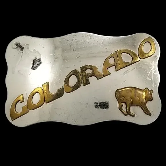 Vintage Belt Buckle Nickel‎ Silver Colorado State Silver And Gold Color Embossed