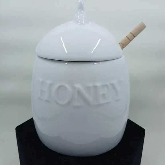 Fitz and Floyd Everyday White Honey Pot‎ with Dipper Porcelain Bee Lid Embossed