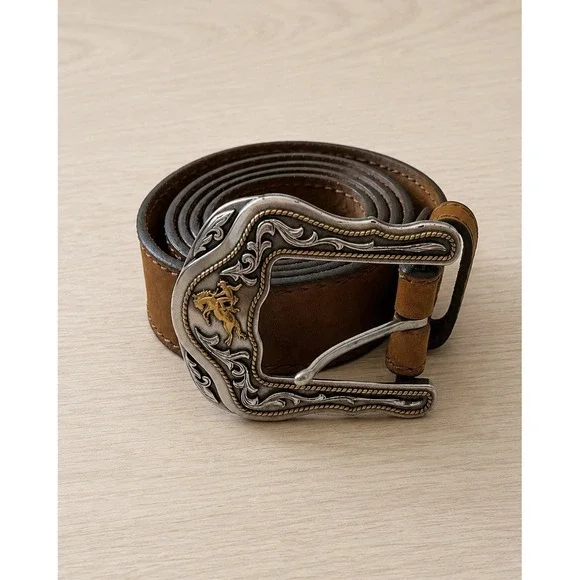 Justin Top Grain Leather Western Belt Size 44 Brown Cowboy Rodeo Buckle USA