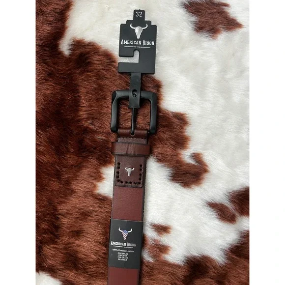 American Bison Mens Brown Top Grain Leather Belt Size‎ 32 Matte Black Buckle