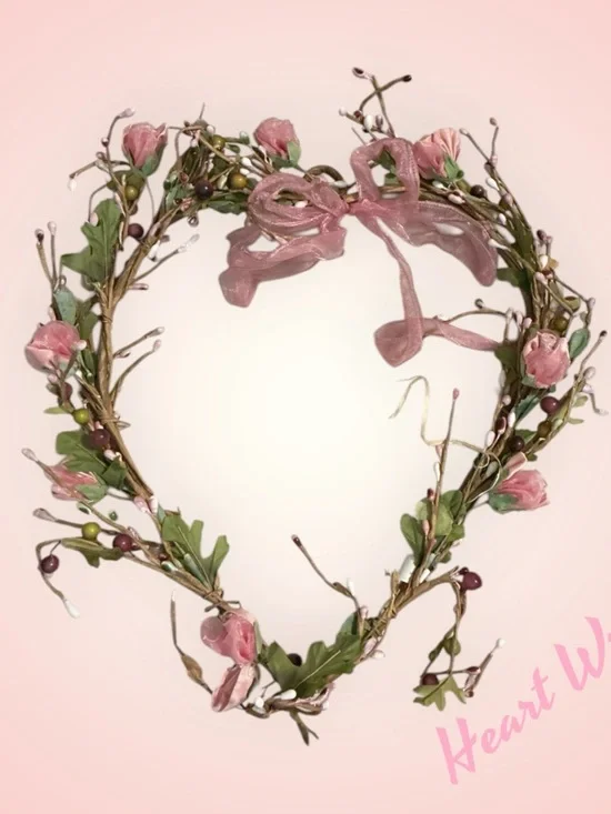 🌺HEART WREATH PINK FAUX FLOWERS RIBBON 🎀