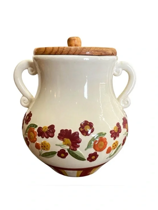 Vintage MSRF French Pottery Handled Jar w/ Wooden Lid Floral Country Ceramic