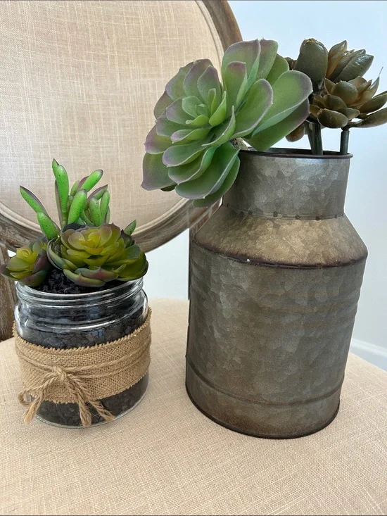 Rustic Metal Pitcher Vase & Green Succulent Glass Accent