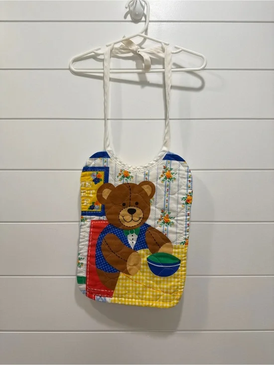 Vintage Kids Bear Bib - Yellow Patchwork Cotton Bib for Toddlers