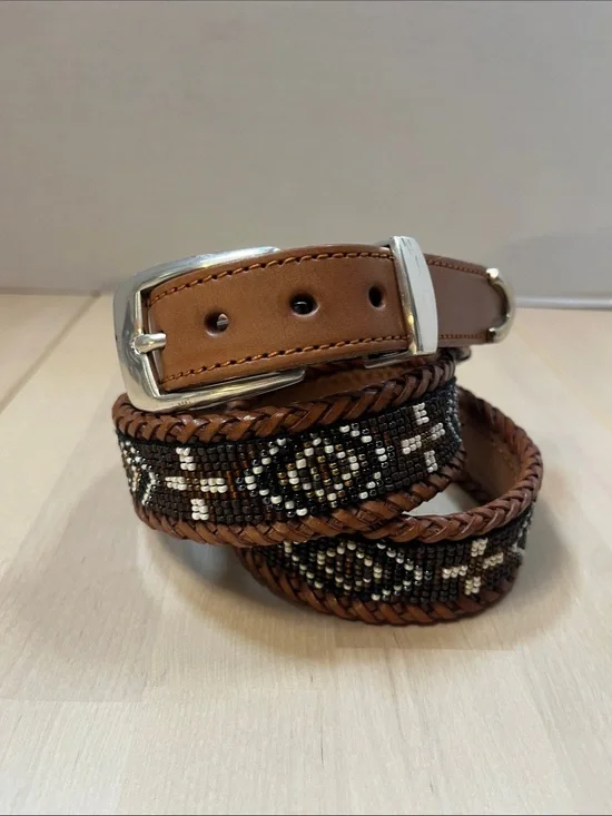 Brown Leather & Decorative Beaded Belt w/ Silver Hardware Men’s Size 38