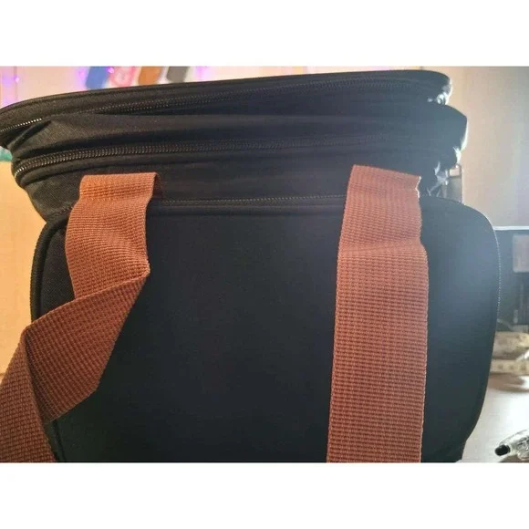 Black Insulated Lunch Bag Dual Compartment Cooler Tote with Brown Handles