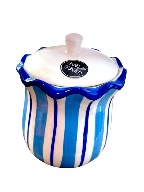 Hand Painted Blue White Stripe Ceramic Kitchen Storage Jar Canister Lid 6” Tall
