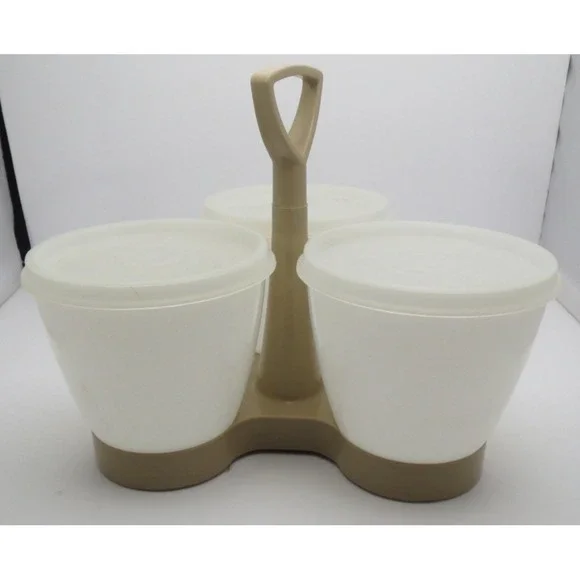 Tupperware 3 Condiment‎ Caddy Server Set with Tupper Seal Lids Tan 758 Vintage