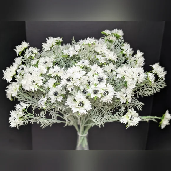 White Black Cornflower Bush Spray Faux Floral Design Artificial Flowers