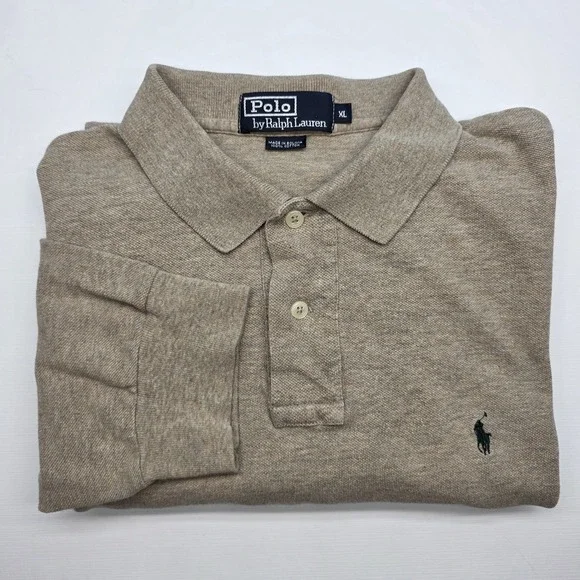 Polo Ralph Lauren Polo‎ Shirt Mens XL Long Sleeve Beige Tan Collared Neutral