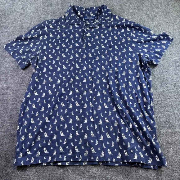 Polo Ralph Lauren Polo Shirt Mens XL Navy Blue Sailboat AOP Cotton Nautical