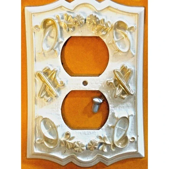 1960's White/Gold French Provincial Hollywood Regency Brass Outlet Plate NOS