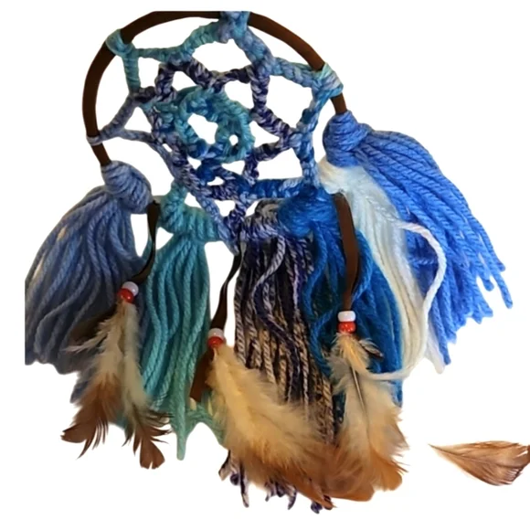 Hand Crafted Dreamcatcher Hand Knit Crochet Brown and Blue Yarn & feathers