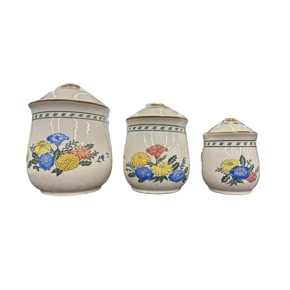 Vintage 1982 M Kamenstein Floral Ceramic Kitchen Canister Set of 3 Cream Multi