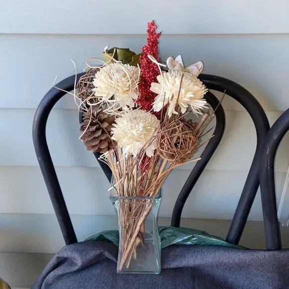 Chic Faux Floral Bouquet with Red and Cream Hues And Glass Vase