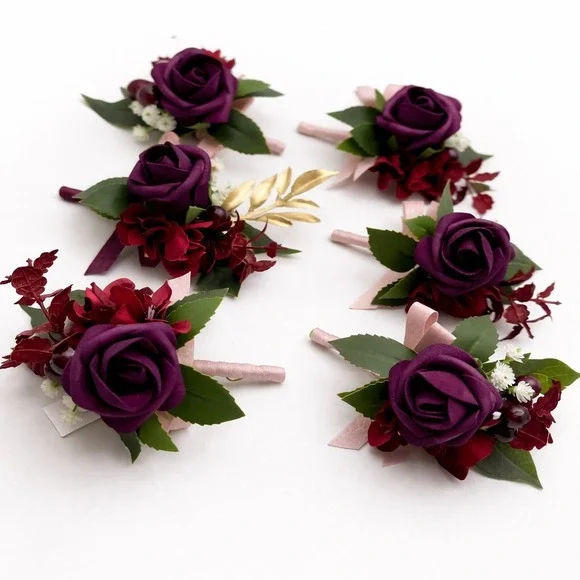 6pc Burgundy Plum‎ Rose Boutonniere Set Wedding Groomsmen Gold Leaf Silk Flowers