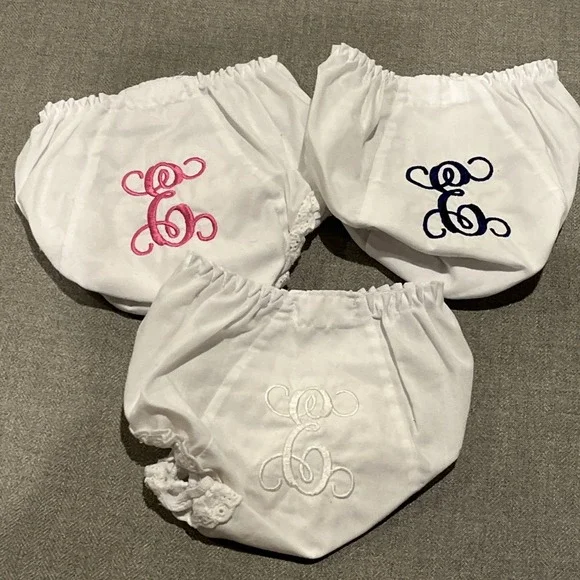 Monogrammed E Baby Bloomers Size 2 White Lace Trim, Set Of 3, New, Pink, Blue