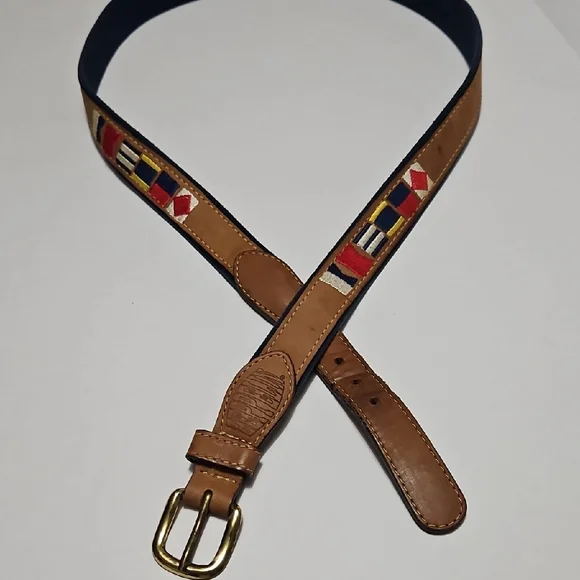 Zeppelin Brown Leather & Blue Belt with Nautical Flags Brass Buckle Size 44