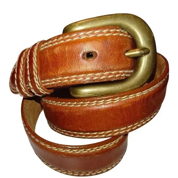 Vintage genuine leather stitched belt Size 32 brass hardware Taiwan cowboy rodeo