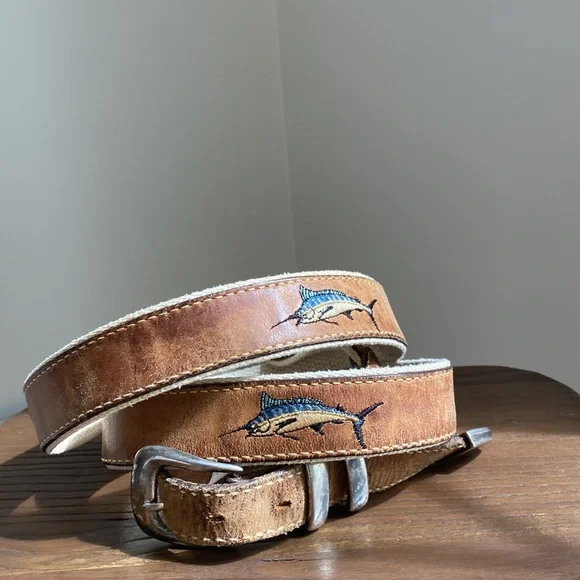 Mens distressed leather embroidered vintage sailfish fishing belt silver tip