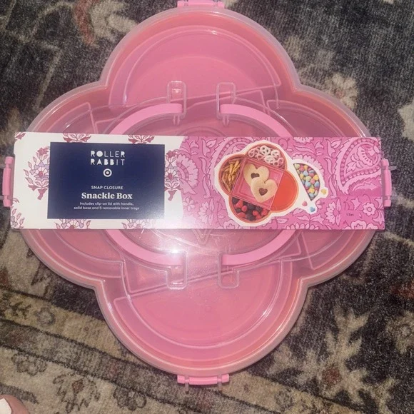 Roller Rabbit Snackle Box Pink Flower Snap Lid 5 Compartments