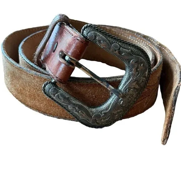 Vintage Nocona Brown Leather Belt with Silver Tone Ornate Buckle
