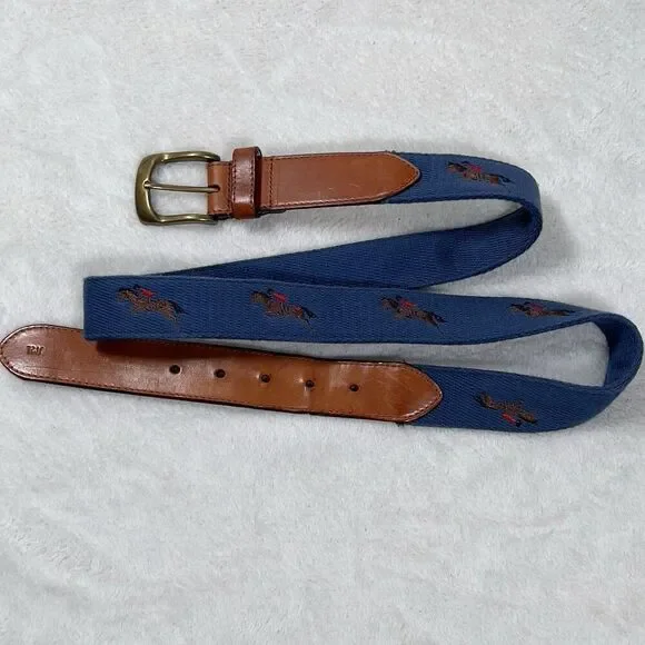J.Mclaughlin Equestrian Horse Embroidered Fabric Leather‎ Belt Mens Sz 42 Blue