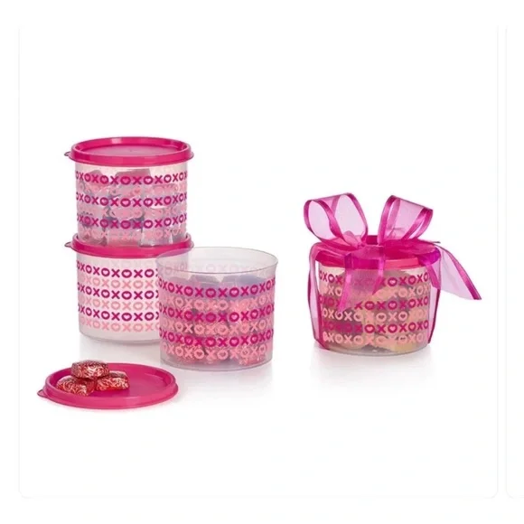 Tupperware Pink XO Patterned (Set includes 4 Containers 2 1/2 cups each one)New