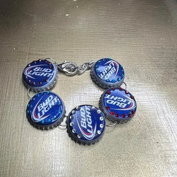 Beer bottle cap embellished charm bracelet. Bud Light