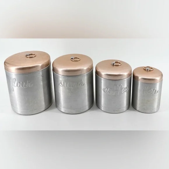 Vintage 50’s MCM Heller Hostess Ware Aluminum Canister Set 4pc Copper Lids Italy
