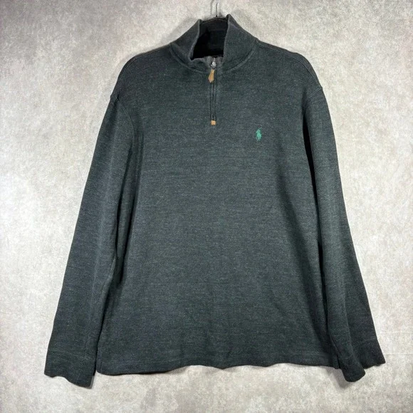 Polo Ralph Lauren Sweater Mens L Gray 1/4 Zip Pullover Cotton Ribbed Mock Neck