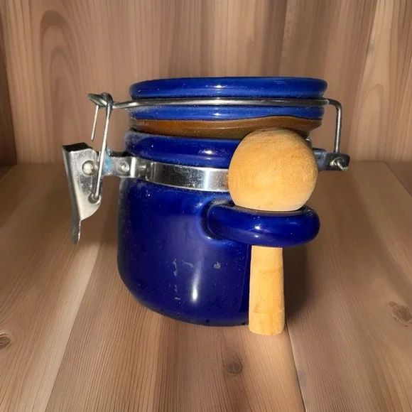 Mini Cobalt Blue Ceramic Kitchen Canister Airtight Lid w/ Wooden Spoon