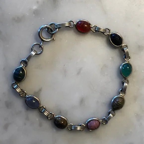 VINTAGE Scarab Bettle Multicolor Cabochon Gemstone Gold Filled Scarab Bracelet